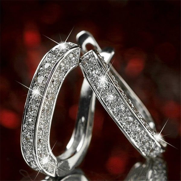 Luxury Female White Crystal Hoop Earrings Silver Color