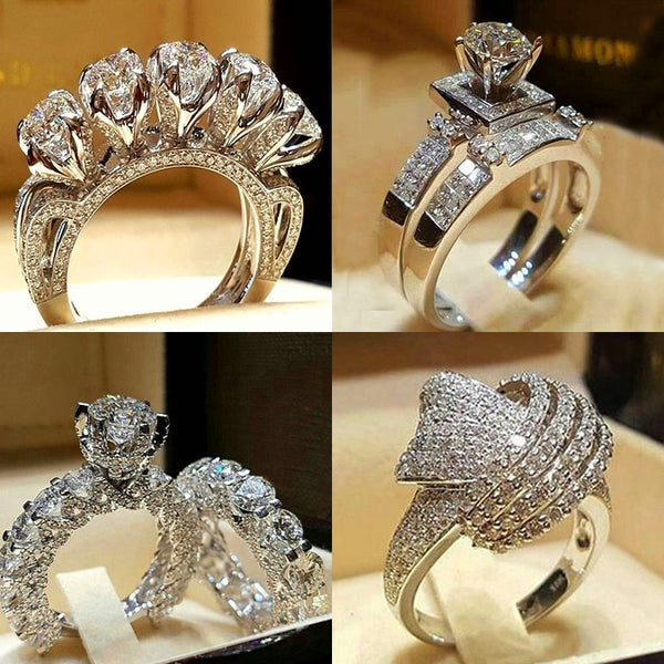 Luxury Crystal Zircon Stone Ring Vintage Silver Color Ring Set