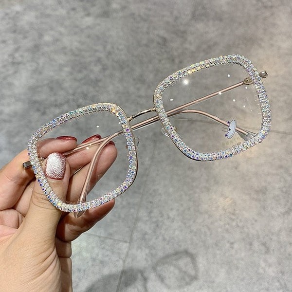 Women Clear Lens Square Oversized Sunglasses Rhinestone Blue Light.