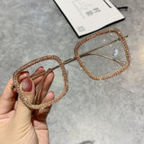 Women Clear Lens Square Oversized Sunglasses Rhinestone Blue Light.