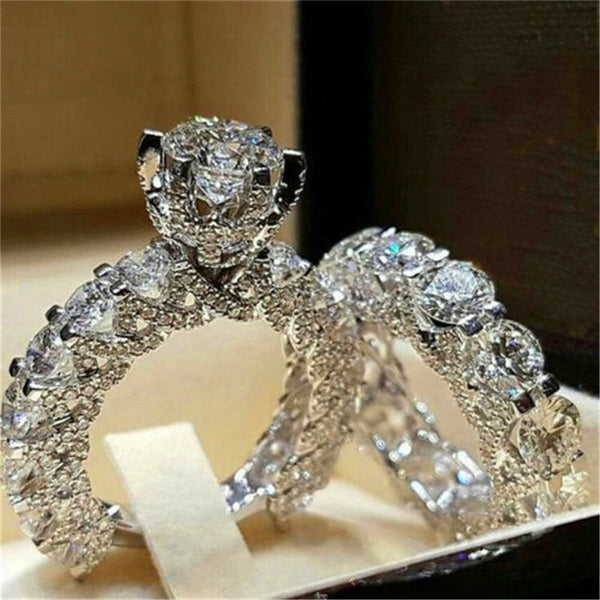 Luxury Crystal Zircon Stone Ring Vintage Silver Color Ring Set