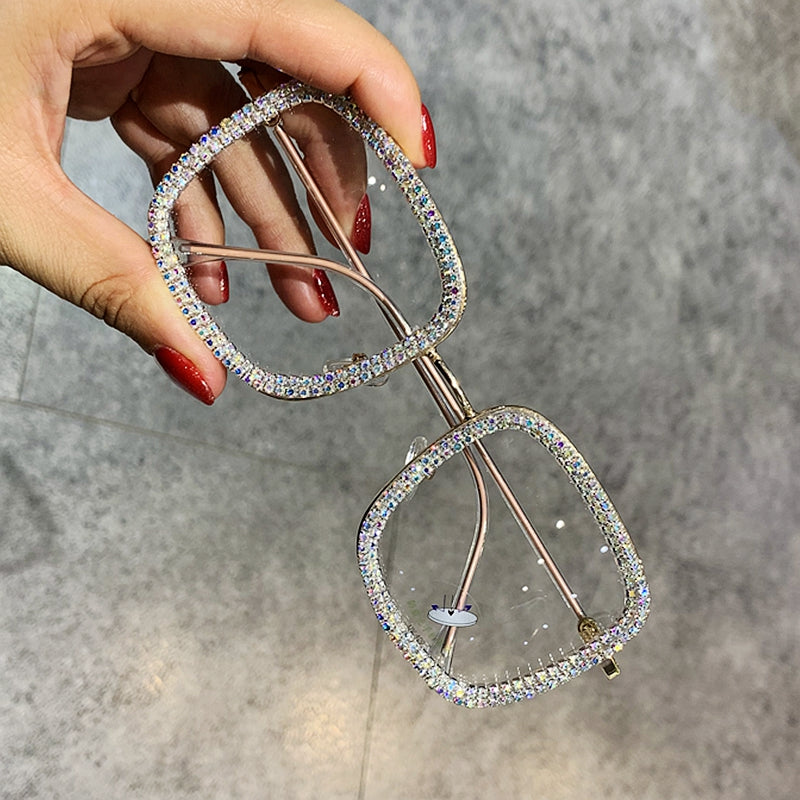 Women Clear Lens Square Oversized Sunglasses Rhinestone Blue Light.